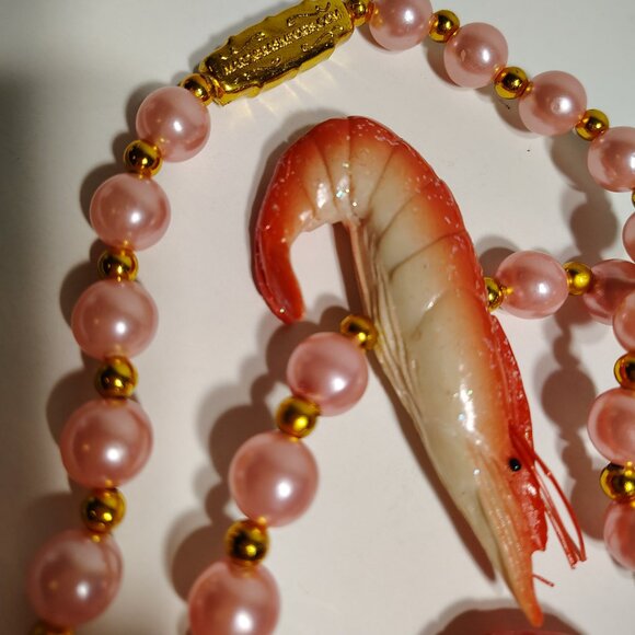 Crawfish Mardi Gras Beads Faux Pink Pearl Shrimp Nautical Necklace - Picture 2 of 7